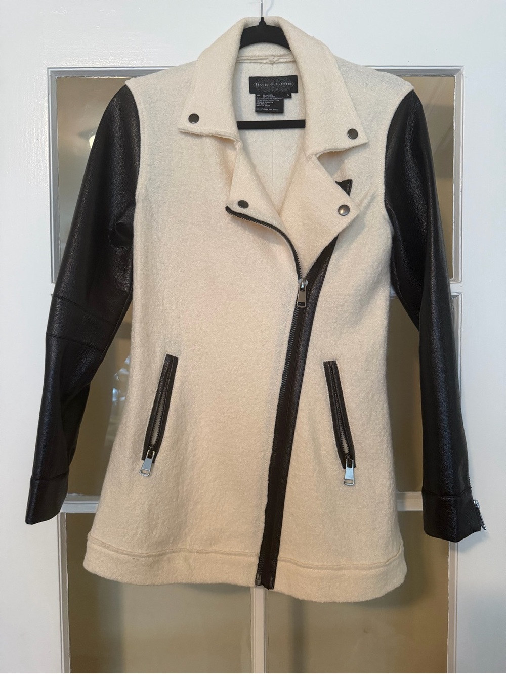 Anthropologie Live a Little Cream Jacket with Black Faux-Leather Sleeves - Picture 2 of 3